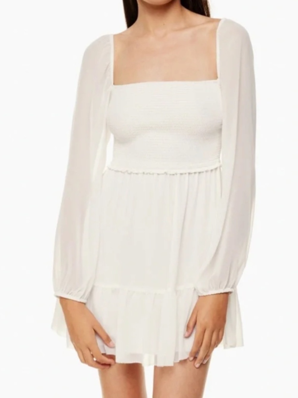 Aritzia Wilfred Tempest Smocked Chiffon Long Sleeve Mini Dress Light Birch SMALL